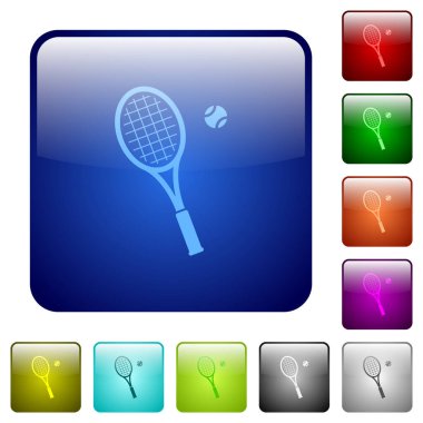Yuvarlak kare renkli parlak düğmeli top simgeleriyle tenis raketi