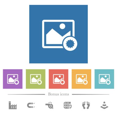 Kare arkaplan içinde otantik beyaz resim simgeleri. 6 bonus simgesi dahil.