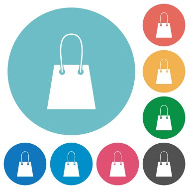 Yuvarlak renkli arka planda alışveriş torbası düz beyaz simgeler