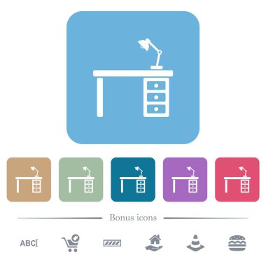 Renkli yuvarlak kare arkaplanlı lamba beyazı düz simgelerle dolu bir masa. 6 bonus simgesi dahil