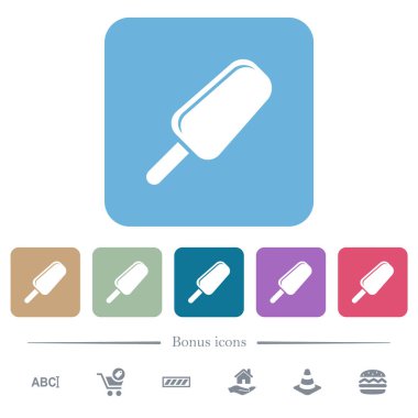 Renkli yuvarlak kare arkaplan üzerinde buz lolipop düz simgeler. 6 bonus simgesi dahil