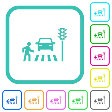 Yaya geçişi beyaz zemin üzerinde eğimli sınırlarda canlı renkli düz simgeler