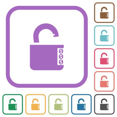 Beyaz arkaplanda renkli yuvarlak kare çerçeveli basit simgelerle şifrelenmiş şifreli kilit