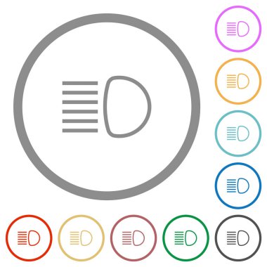 Ana kiriş farları beyaz arkaplanda yuvarlak ana hatlarda düz renk simgeleri göstergesi