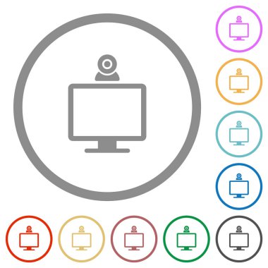 Beyaz arkaplanda yuvarlak çizgilerde web kamerası düz renk simgelerine sahip monitör