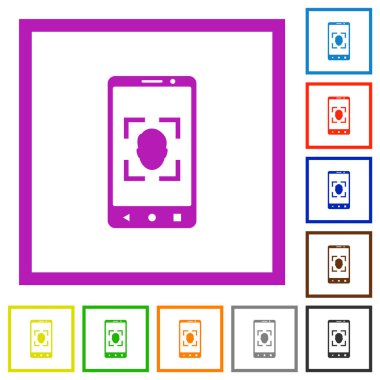 Beyaz arkaplanda kare çerçevelerde düz renk simgeleri gezici yüz tanıma
