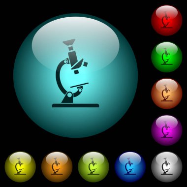 Mikroskop simgeleri siyah arkaplanda renkli, küresel cam düğmelerle aydınlatılmış. Siyah ya da koyu şablonlar için kullanılabilir