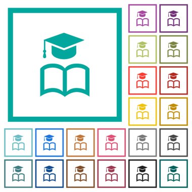 Beyaz arkaplanda çeyrek çerçeve içeren düz renk simgelerine sahip mezuniyet başlığı