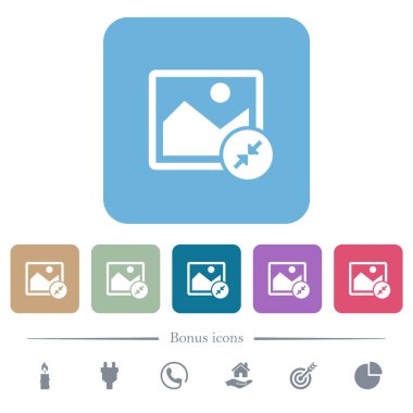 Renkli yuvarlak kare arkaplan üzerine küçük beyaz düz simgeleri yeniden boyutlandır. 6 bonus simgesi dahil