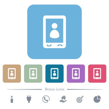 Renkli yuvarlak kare arkaplan üzerinde gezici kullanıcı profili beyaz düz simgeler. 6 bonus simgesi dahil