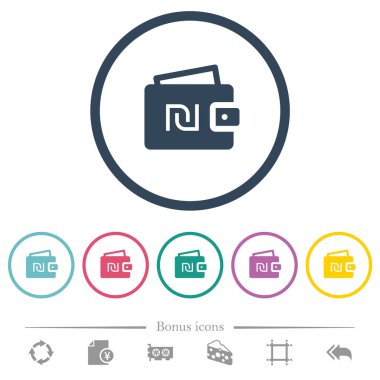 İsrail 'in yeni Shekel cüzdanı düz renk simgeleri yuvarlak hatlarda. 6 bonus simgesi dahil.