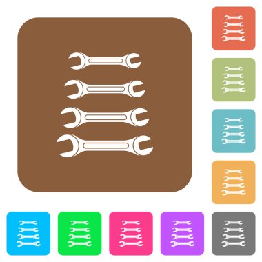 Yuvarlak kare renkli arkaplan üzerinde düz anahtar simgeleri kümesi.