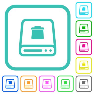 Beyaz arkaplan üzerindeki eğri kenarlıklardaki sabit disk renkli düz simgelerden sil