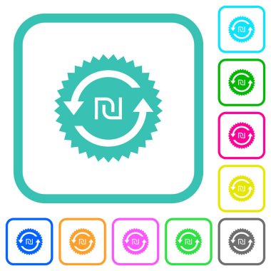 Yeni Shekel geri ödeme garantisi etiketi beyaz arkaplan üzerinde eğri kenarlı düz simgeler