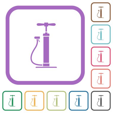 Beyaz arkaplanda renkli yuvarlak kare çerçeveli hava pompası simgeleri