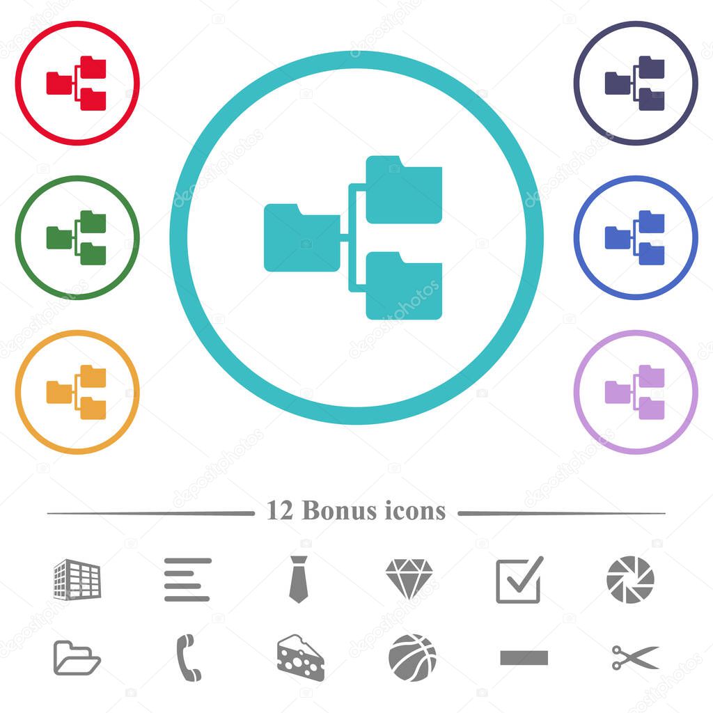 Shared folders flat color icons in circle shape outlines. 12 bonus icons included.