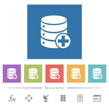 Add to database flat white icons in square backgrounds. 6 bonus icons included.