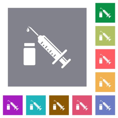 Syringe with ampoule flat icons on simple color square backgrounds