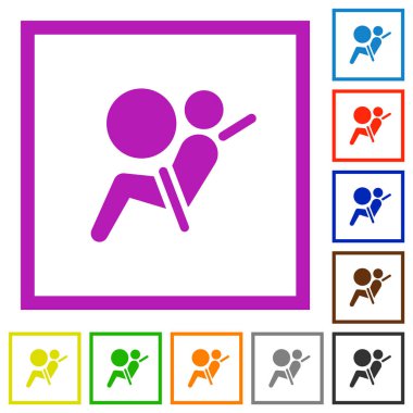 Beyaz arkaplanda kare çerçevelerde hava yastığı göstergesi düz renk simgeleri