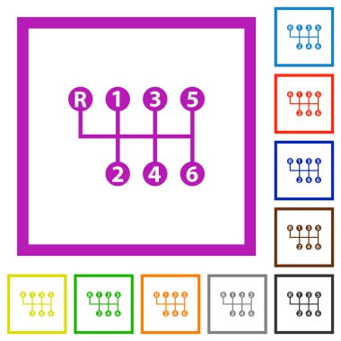 Beyaz arkaplanda kare çerçevelerde altı hız manuel vites kayması düz renk simgeleri