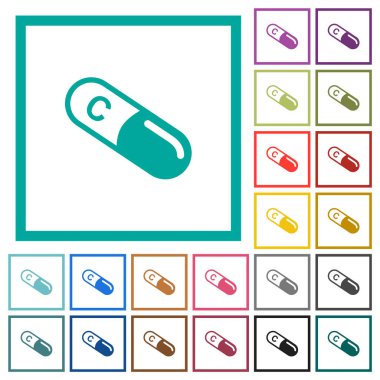 Beyaz arkaplanda çeyrek çerçeveli C vitamini düz renk simgeleri