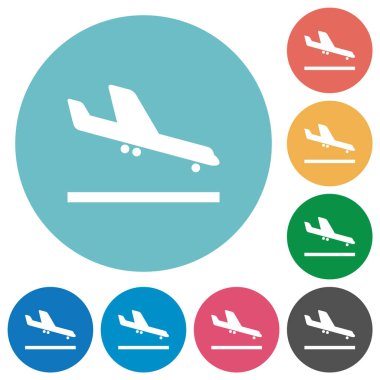 Yuvarlak renkli arka planlara düz beyaz simgeler inen uçaklar