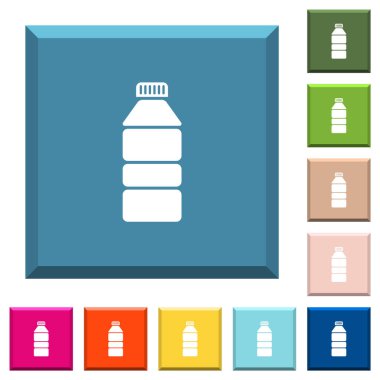 Kenarlı kare düğmelerde çeşitli moda renklerde su şişesi beyaz simgeleri