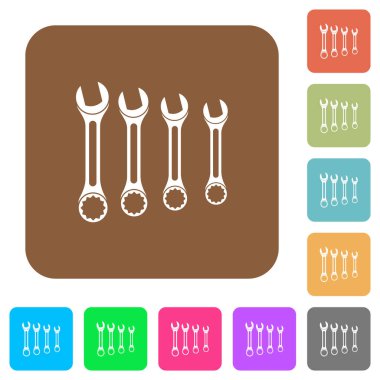 Yuvarlak kare renkli arkaplan üzerinde düz anahtar simgeleri kümesi.