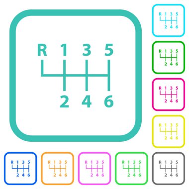 Beyaz arkaplanda eğimli sınırlarda altı hız manuel vites kayması canlı renkli düz simgeler
