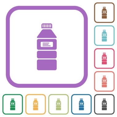 Beyaz arkaplanda renkli yuvarlak kare çerçeveli basit simgelerle etiketlenmiş su şişesi