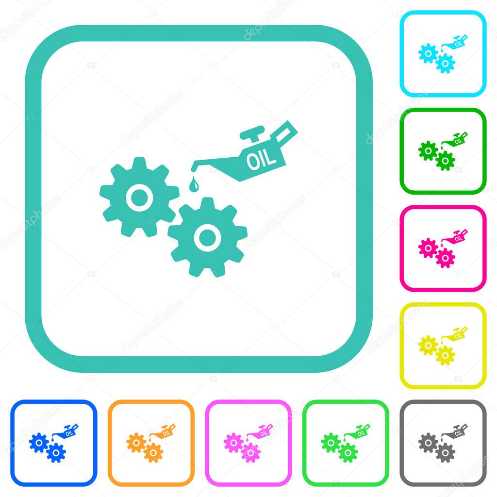 Oiler can and gears vivid colored flat icons in curved borders on white background