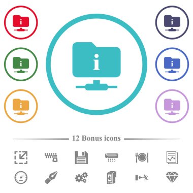 Daire şeklindeki FTP bilgi düz renk simgeleri. 12 bonus simgesi dahil.