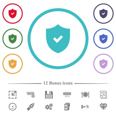 Daire şeklindeki aktif güvenlik düz renk simgeleri. 12 bonus simgesi dahil.