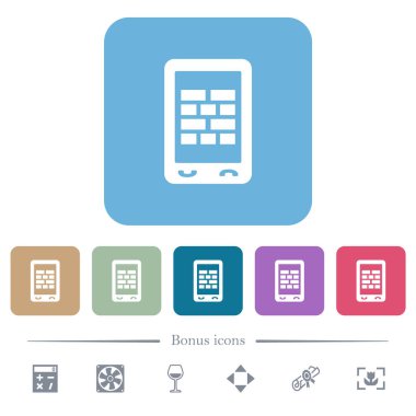 Mobil güvenlik duvarı beyaz düz simgeleri renkli yuvarlak kare arka planlarda. 6 bonus simgesi dahil