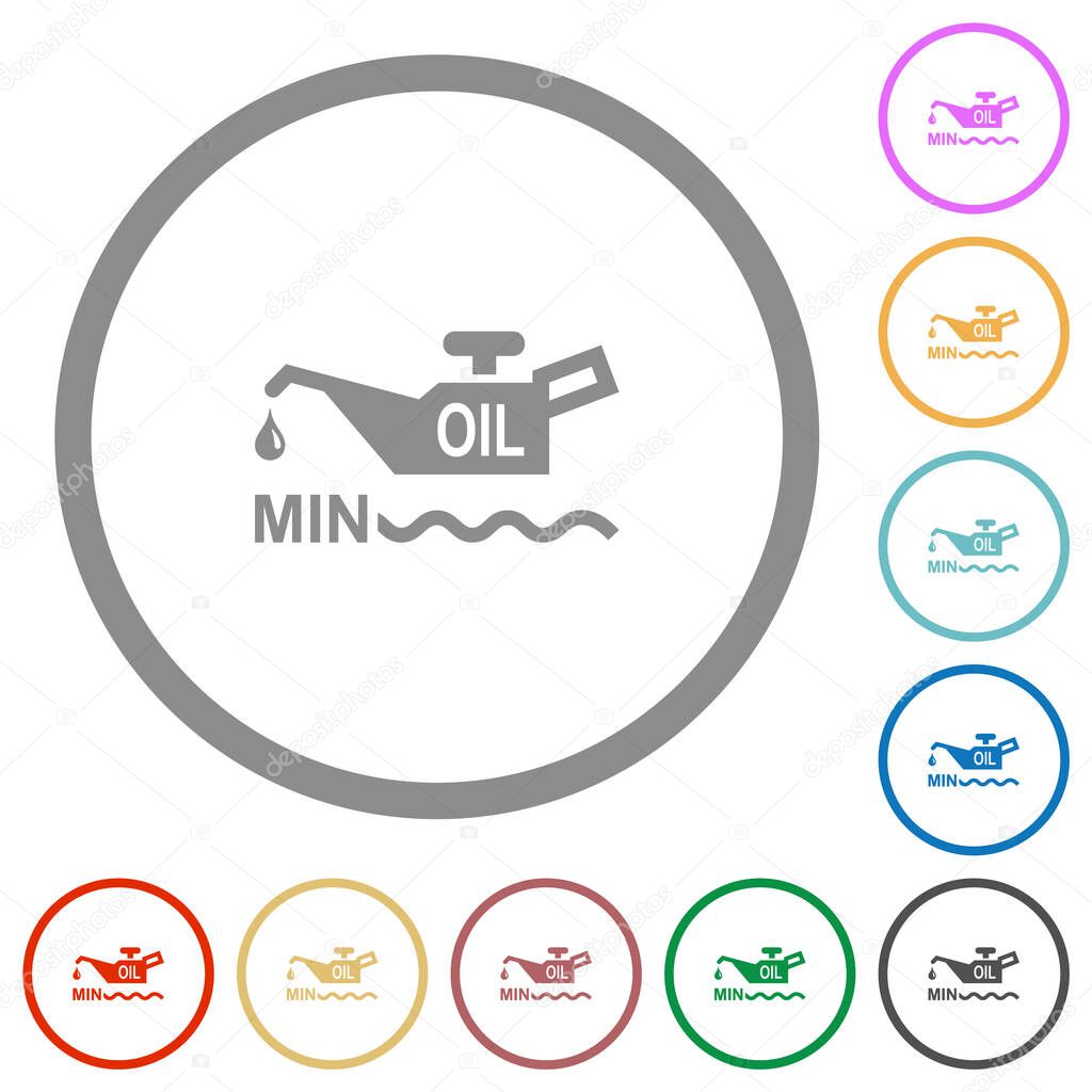 Oil level minimum indicator flat color icons in round outlines on white background