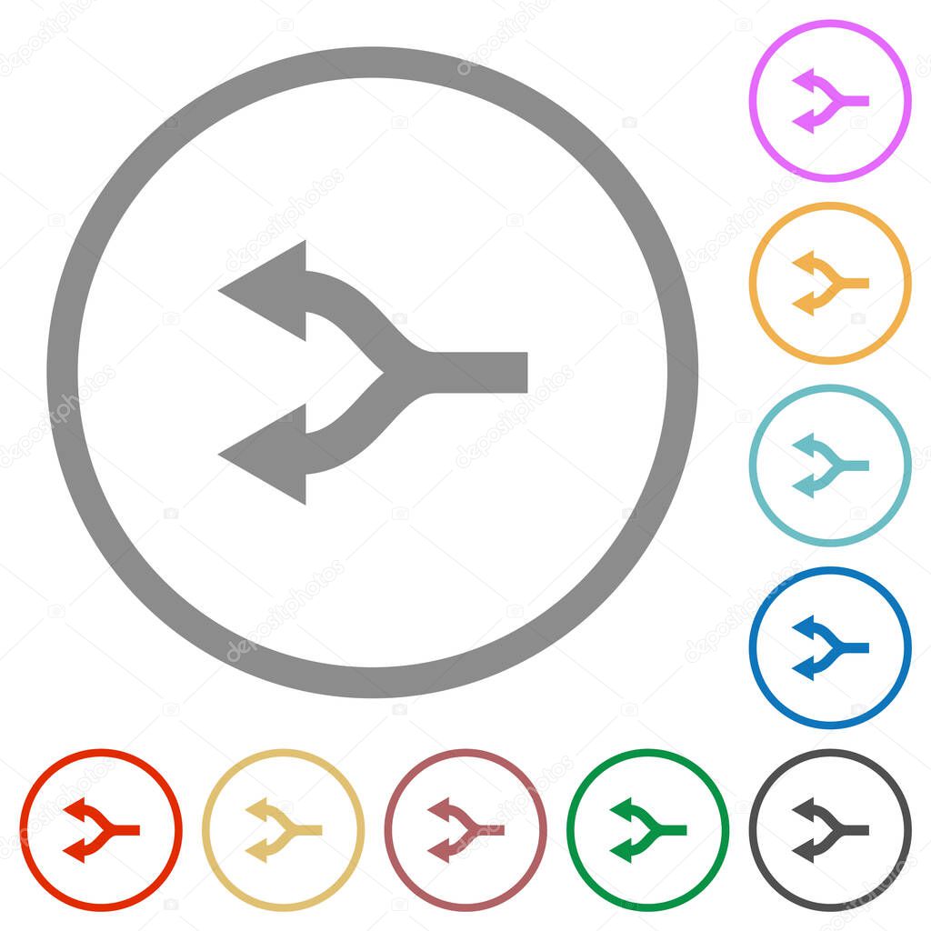 Split arrows left flat color icons in round outlines on white background