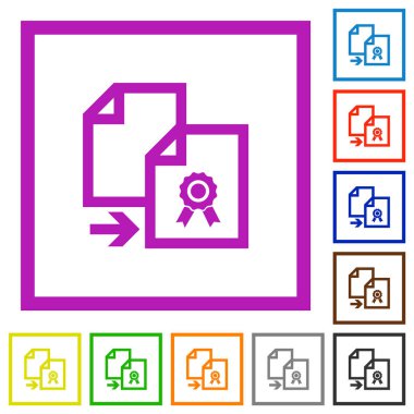 Sertifika düz renk simgelerini beyaz arkaplanda kare çerçevelerde kopyala