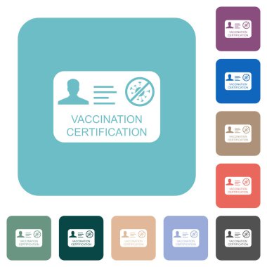 Aşılama sertifikası. Renkli yuvarlak kare arkaplan üzerine beyaz düz simgeler.