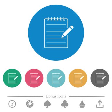 Yuvarlak renkli arka planda düz beyaz simgeleri olan sarmal not defteri. 6 bonus simgesi dahil.