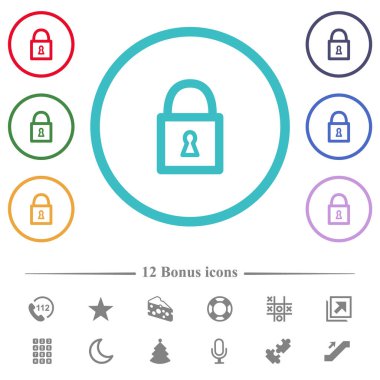 Kilitli asma kilit ve daire şeklindeki düz renk simgeleri. 12 bonus simgesi dahil.