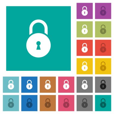 Yuvarlak asma kilit ve düz kare arka planda çok renkli düz simgeler var. Uçan veya etkin efektler için beyaz ve koyu simge varyasyonları.