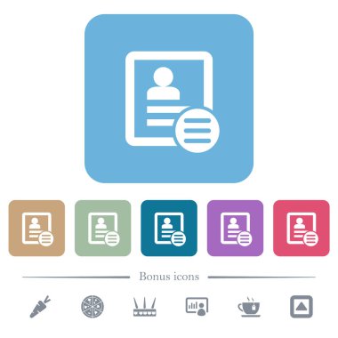 Renkli yuvarlak kare arkaplan üzerinde beyaz düz simgeler temas seçenekleri. 6 bonus simgesi dahil