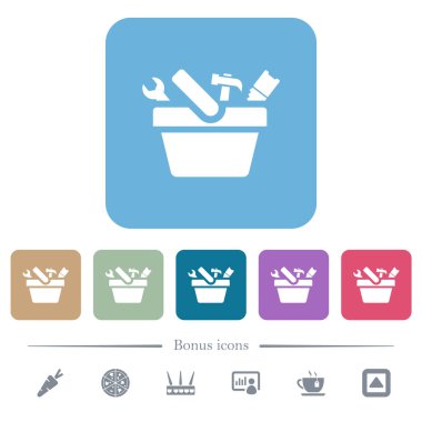 Renkli yuvarlak kare arkaplan üzerine beyaz düz simgeler. 6 bonus simgesi dahil