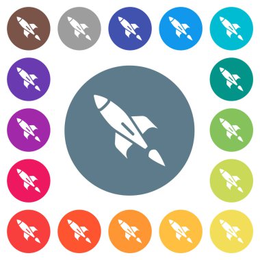 Yuvarlak renkli arka planda roket düz beyaz simgeler. 17 arkaplan renk varyasyonu dahil.