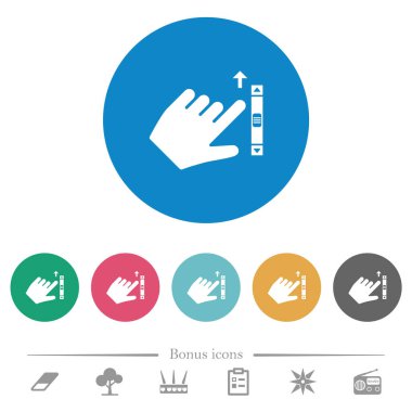 Sol el, düz beyaz simgeleri yuvarlak renkli arka planlarda yukarı kaydırıyor. 6 bonus simgesi dahil.