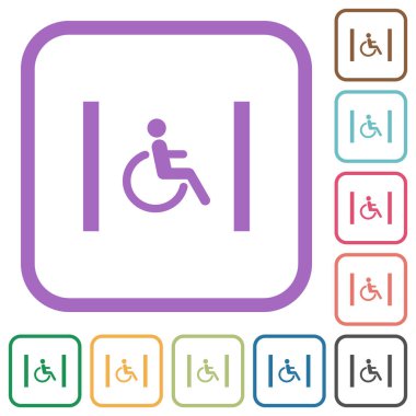 Beyaz arkaplanda renkli yuvarlak kare çerçeveli engelli park simgeleri