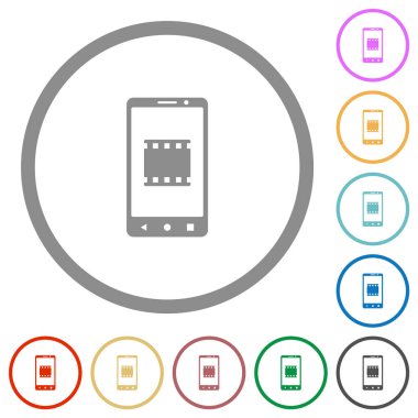 Mobil video düz renk simgeleri beyaz arkaplanda yuvarlak ana hatlarda