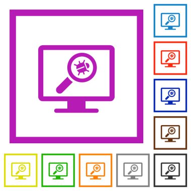 Beyaz arkaplanda kare çerçevelerde bilgisayar düz renk simgelerinde tarama yapan virüs
