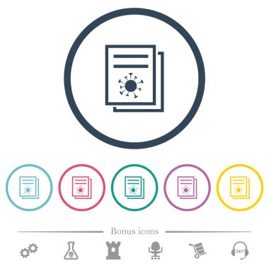 Düz renk simgeleri yuvarlak hatlar halinde Covid dokümantasyon. 6 bonus simgesi dahil.