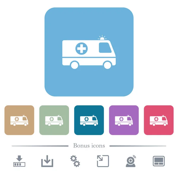 Clignotant Ambulance Vue Côté Blanc Icônes Plates Sur Fond Carré — Image vectorielle